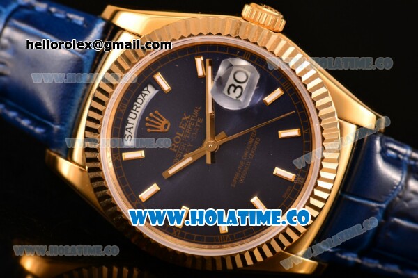 Rolex Day-Date Asia 2813/Swiss ETA 2836/Clone Rolex 3135 Automatic Yellow Gold Case with Stick Markers and Blue Dial (BP) - Click Image to Close